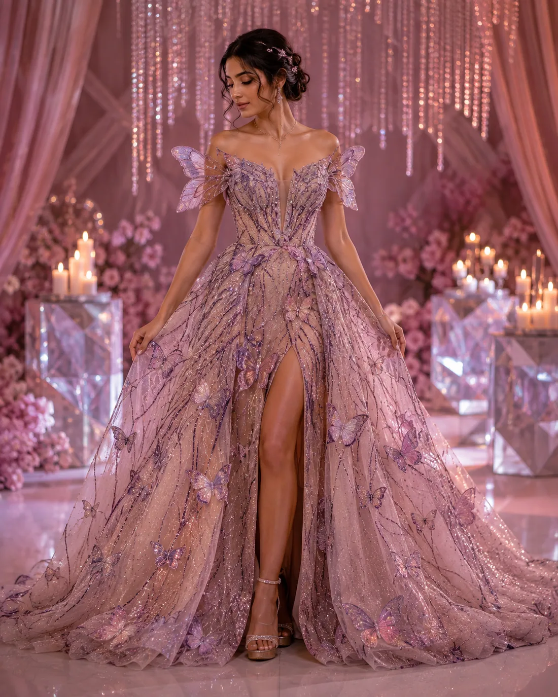 Lilac off-shoulder butterfly-embellished gown representing FABLOON red carpet and concept wear