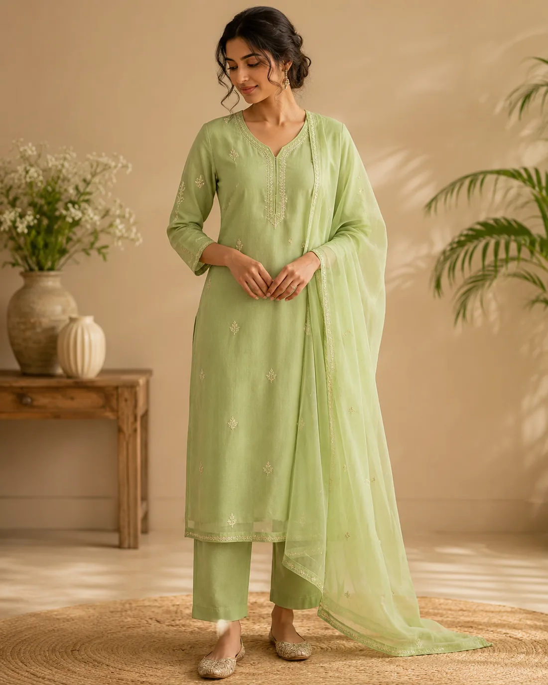 Mint green embroidered salwar suit representing FABLOON everyday and professional wear