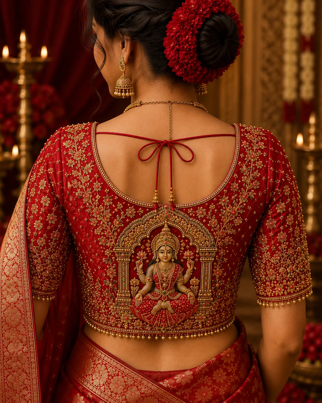 Red and gold bridal blouse with hand-embroidered Lakshmi temple motif by FABLOON in Chennai